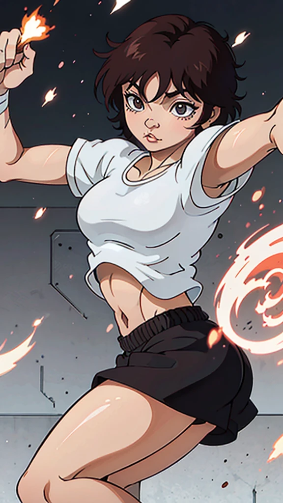 Cute strong slim girl with short shirt and black shorts short wild hair rosy cheeks pale skin wearing bandage in the fighting arena