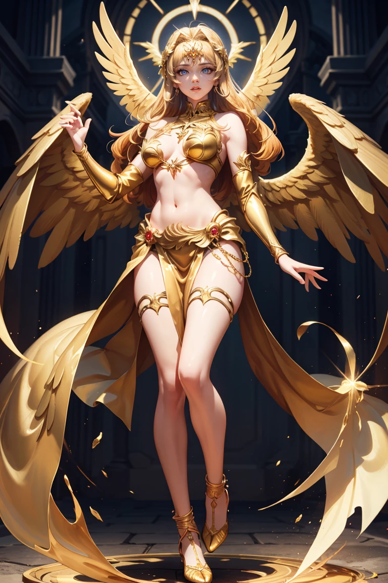 golden angel goddess with wings, blondie hair, perfect hands, golden shine, fictional figure body hands on waist, sexy movement pose, swords around the body