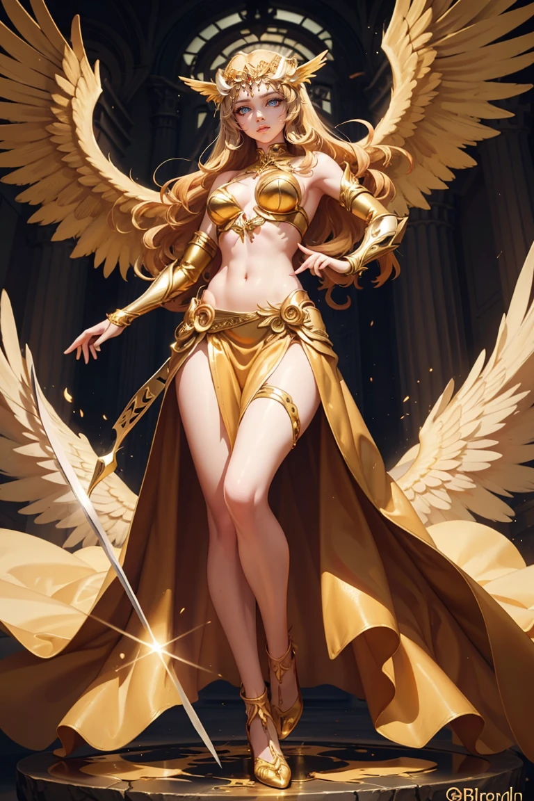 golden angel goddess with wings, blondie hair, perfect hands, golden shine, fictional figure body hands on waist, sexy movement pose, swords around the body