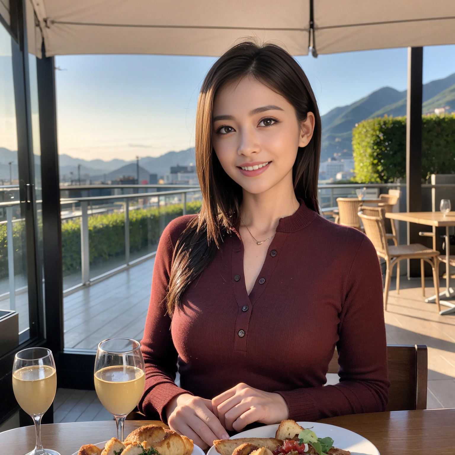 ((Highest quality、8K、masterpiece:1.3))、1 male、1 female、Couple、spouse、Couple、The body is slim、((Bob Hale、Straight hair:1.2)), (Realistic, Intricate details:1.2), テーブルの上のwine glass、Shine light on your face、 Amazing view of the sunset sky and clouds、Amazing mountain views、A bright smile、The wonderfulness of smile、Bright image、The beauty of wine, Beautiful Face, blue eyes, The light shines on your face, Blushing, short hair,Bright Face、 (Age 37), 39 years old, red wine 、Appetizers、Italian food、Wine bottle、Champagne、sparkling wine、Two beauties、Brown Hair、Shortcuts、Long sleeve shirt、dress、Beautiful woman 1, (slimな顔), (The body is slim), (Brown Hair), (Shortcuts), cheeks turn a little red,Attractive beauty、restaurant, In a prominent place (From the waist up) Nova Frog Style, actress, model, Upper Body, White wine, slim, wine glass, 中央に置かれたwine glass, smile, (smile: 1.15), Beautiful fine grain, Depth f/2,saturation, High Contrast, Strong light and shadow,Moist Body:1.5、3D texture、Delicate eyes、Brown Hair、The hair is very shiny、