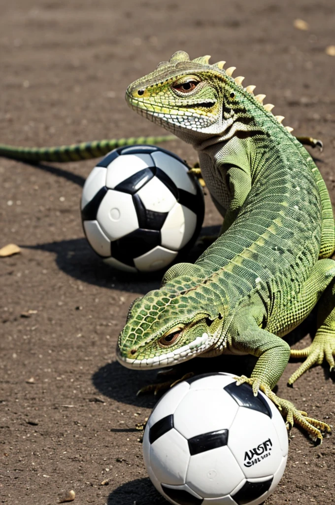 Lizard with a soccer ball on its nose