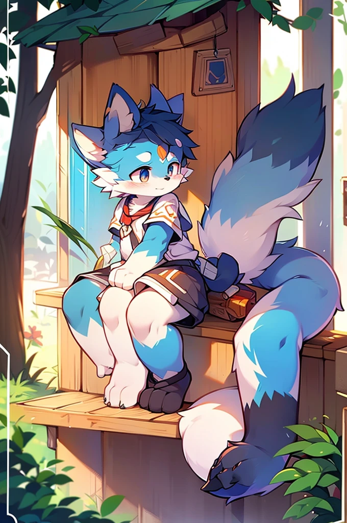 Blue fur, Canine, fox motif, boy, uniform,Tall,Estrus,Cute face,