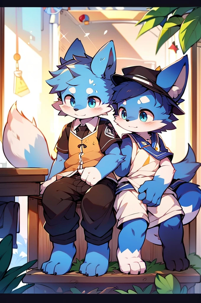 Blue fur, Canine, fox motif, boy, uniform,Tall,Estrus,Cute face,