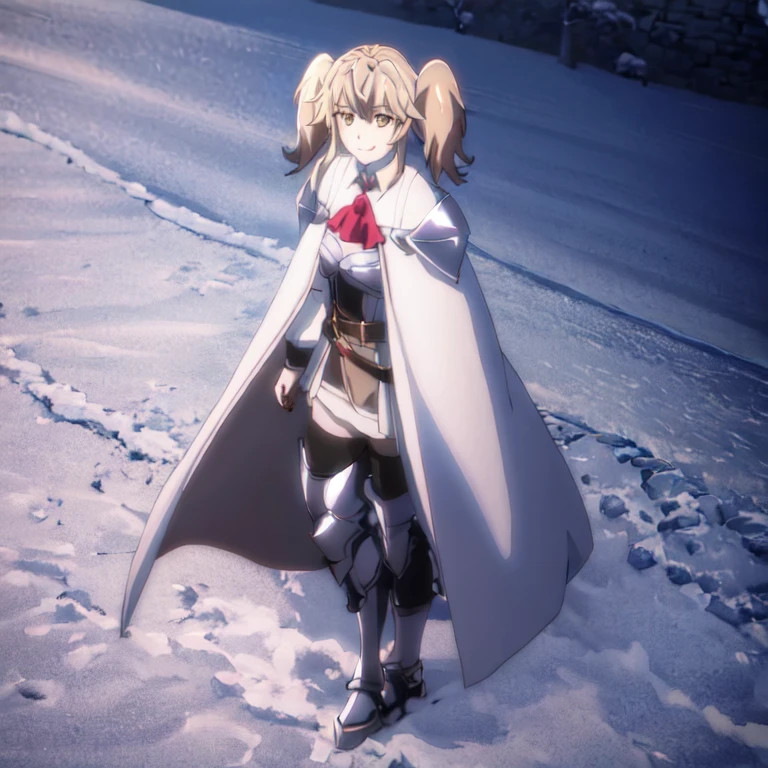 GoblinSlayer, NobleFencer, solo, girl1, looking at viewer, smile, long sleeves, brown eyes, long white cape, armor, shoulder armor, portrait, red ascot, snow, outdoor, full body view 