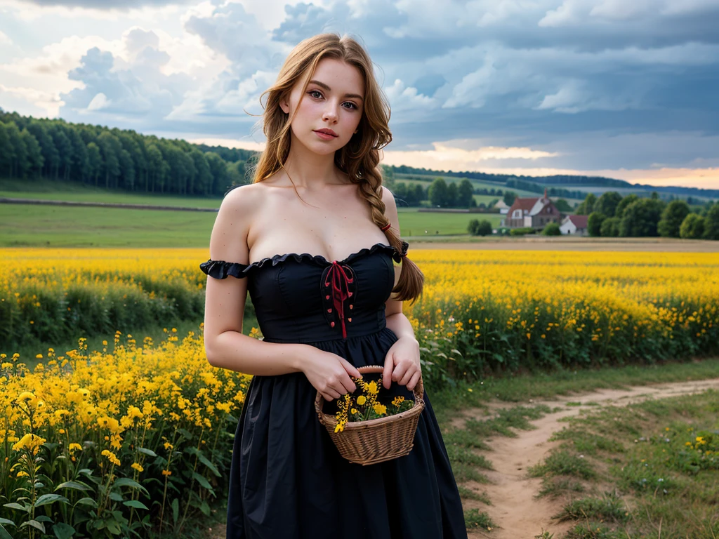 Front view, medium shot, beautiful Russian girl, country girl, curvaceous figure, large breasts, pale skin, long black braid, simple village dress, deep neckline, picking flowers in the field, cloudy day, dim light, dim colors, depth of field,  bokeh