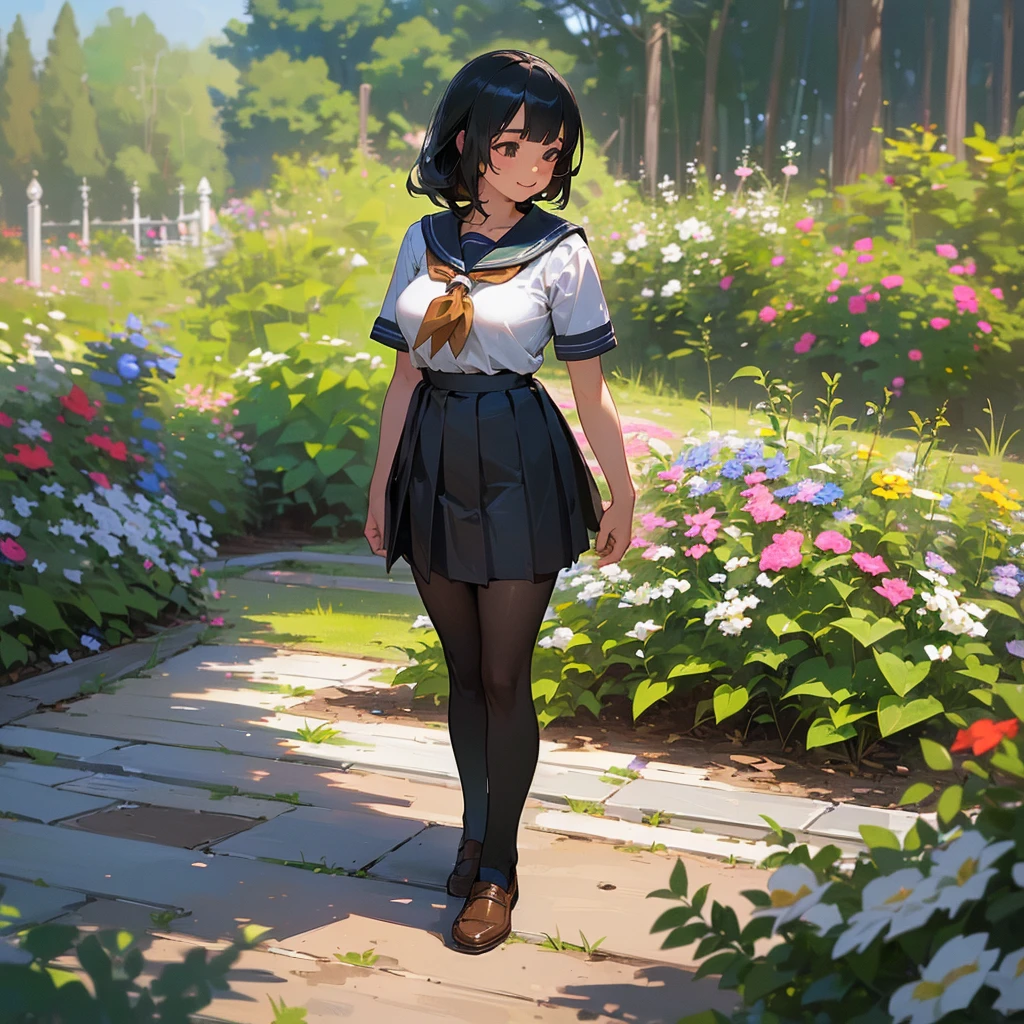 (Highest quality, High resolution, Super detailed, Realistic:1.37), Peaceful atmosphere, (Outdoor, garden), age girl standing alone,(my breasts are big.),Beautifully detailed features, Cute Smile, ((Black bob hair)),Short-sleeved sailor uniform, Pleated skirt,Black tights,Brown leather shoes.