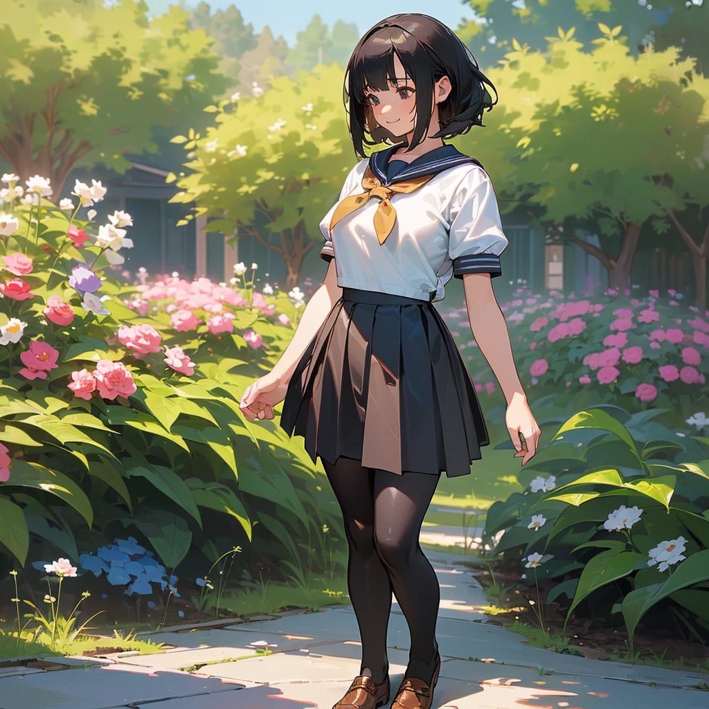 (Highest quality, High resolution, Super detailed, Realistic:1.37), Peaceful atmosphere, (Outdoor, garden), age girl standing alone,(my breasts are big.),Beautifully detailed features, Cute Smile, ((Black bob hair)),Short-sleeved sailor uniform, Pleated skirt,Black tights,Brown leather shoes.