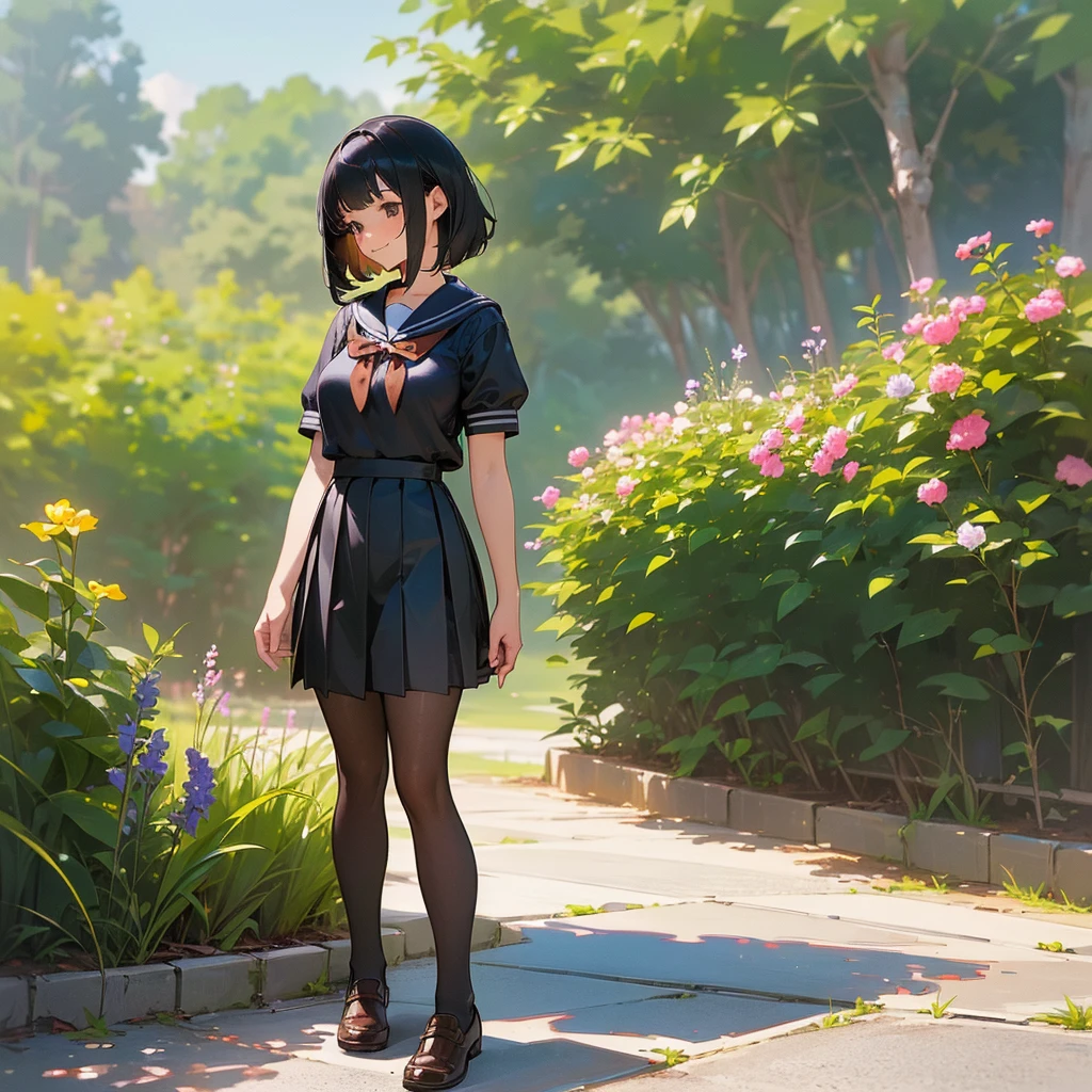 (Highest quality, High resolution, Super detailed, Realistic:1.37), Peaceful atmosphere, (Outdoor, garden), Teenage girl standing alone,(my breasts are big.),Beautifully detailed features, Cute Smile, ((Black bob hair)),Short-sleeved sailor uniform, Pleated skirt,Black tights,Brown leather shoes.