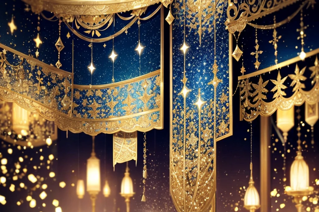 background of abstract glitter lights. blue, gold and black. de focused. banner