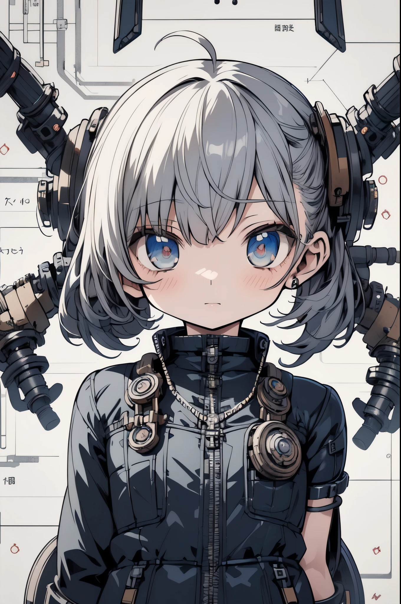 nendoroid chibi character, technical blueprint, mechanical design, cute and deformed, steampunk elements, floating in air, biomechanical details, sci-fi engineering, monochrome illustration, industrial concept, schematic art, intricate design, gears and circuits, engineering schematics, retro-futuristic style, holographic overlay