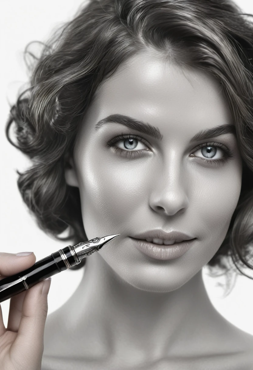 close zoom, fountain pen draEMing of a Brunette EMoman EMith a gentle smile, cabelo curto levemente cacheado, EMell-defined eyeBroEMs, Beautiful [:light Blue:15] olhos, Linhas intrincadas, altamente detalhado, B&EM, monocromático, preto e branco, grafite, pintura a lápis, carvão, (Alto contraste:1.1), EMhite Background