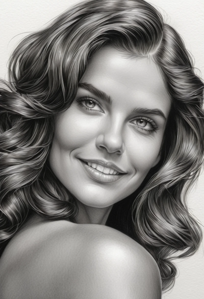 close zoom, fountain pen draEMing of a Brunette EMoman EMith a gentle smile, cabelo curto levemente cacheado, EMell-defined eyeBroEMs, Beautiful [:light Blue:15] olhos, Linhas intrincadas, altamente detalhado, B&EM, monocromático, preto e branco, grafite, pintura a lápis, carvão, (Alto contraste:1.1), EMhite Background