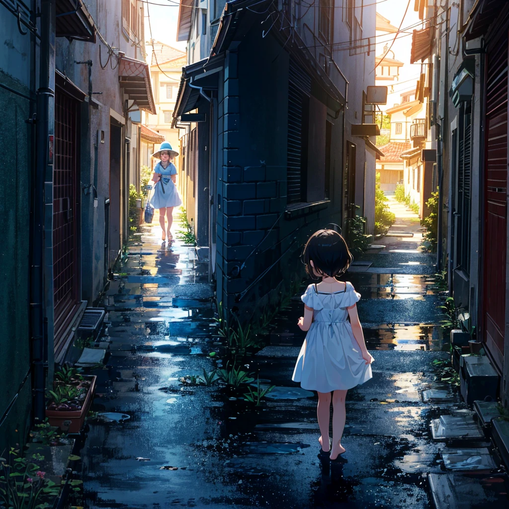 {{{Top quality}}}, {{Very detailed}}, {Illustration}, {{Very delicate and beautiful}}, ((Back alley in a deserted residential area)))), White dress , straw hat, sandals, pool set in plastic bag, girl (5 years old, barefoot), small breasts, round face, girl, (toddler: 1.25), (baby face: 1.2), short limbs, smile, small breasts, girl, A girl walking down an alley, a man talking to a girl, a bust-up, Up perspective)))