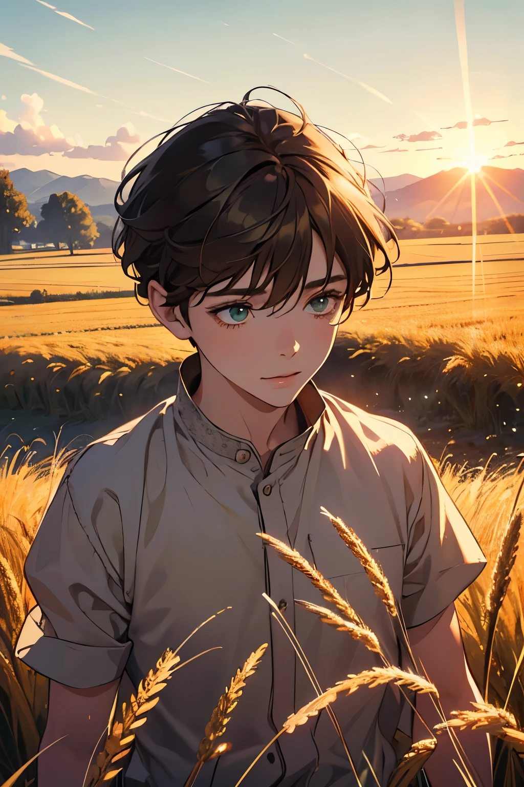 a 10 year old boy, short brown hair, green eyes, pale skin, skinny, mischievous smile, sunny wheat field background, (best quality,4k,8k,highres,masterpiece:1.2),ultra-detailed,(realistic,photorealistic,photo-realistic:1.37),detailed face, beautiful detailed eyes, beautiful detailed lips, extremely detailed eyes and face, long eyelashes, vibrant colors, natural lighting, serene, peaceful, countryside, golden hour, cinematic