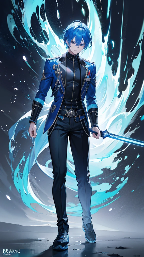 1 boy with vibrant blue hair,swinging flame blue sword,glowing blue eyes,wearing blue jacket,black shirt,white sneakers,angry expression,dramatic background of fire and ice,cinematic lighting,detailed facial features and anatomy,(best quality,4k,8k,highres,masterpiece:1.2),ultra-detailed,(realistic,photorealistic,photo-realistic:1.37),cinematic lighting,dramatic atmosphere,intricate detail,vibrant colors,fantasy art style
