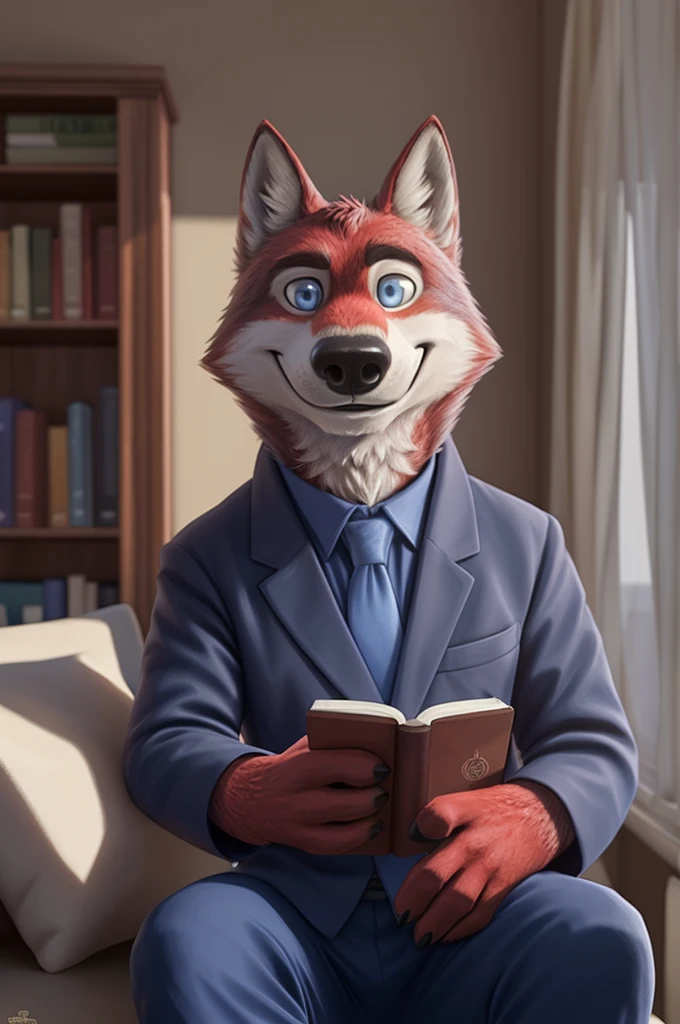 Ivan Fedorovich Wolfbach (Novosibirsk) ,tall handsome, wolf,young, 24 years, brown fur,Kind,(red body:1.3),beautiful blue eyes,Novosibirsk,dressed, shirt, tie, trousers, , wolf, detailed fur, male,paw pads, finger claws,At the viewer, 5 fingers, paws, 5 fingers, smile, wrist watch, т nextel,by xenoforge, (difficult, high detail, digital photography, soft focus, RAW variety вкдущий передачи,Very close to the camera, variety,Novosibirsk, smile, good mood, positive, Very close to the camera, is sitting, poet of books, is sitting за компьютером столом, apartment, 
Photorealism, realistic, digital style, Subsurface scattering,I look at the viewer,smdit writes a book, a glass of water, handle, paper, 
masterpiece, Best quality, ultra realistic, 8 thousand.)