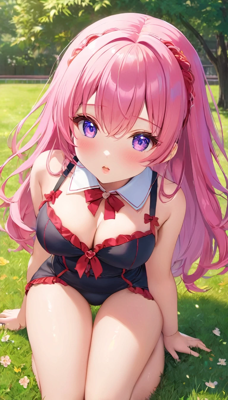 show off your pussy, skirt lift, pink cat, spread your legs, anime, 1 girl, blue eyes, 15 years old, cute face, long hair, Pretty dresses, 4K, high definition ultra, pink hair, smile, topless, NSFW, Night sky with river and beautiful flowers, pussy juice