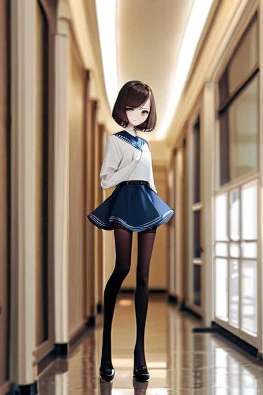 ((Лучшее качество)), ((шедевр)), (подробный), Leggy girl in stockings and skirt in the hallway