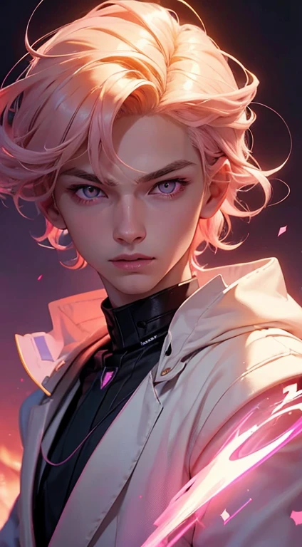20 year old boy, pink eyes, belos pink eyes, short light blonde hair, pink lips, smooth skin, wears magic academy uniform, very majestic, better quality of work, pixel richness, best image, ultra details, ​masterpiece