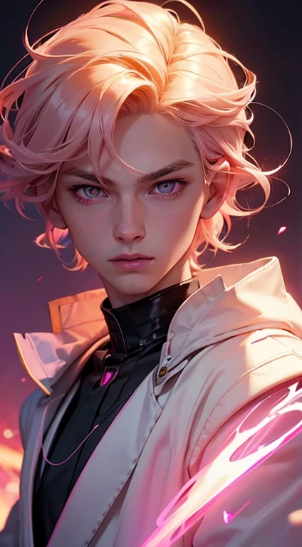 20 year old boy, pink eyes, belos pink eyes, short light blonde hair, pink lips, smooth skin, wears magic academy uniform, very majestic, better quality of work, pixel richness, best image, ultra details, ​masterpiece