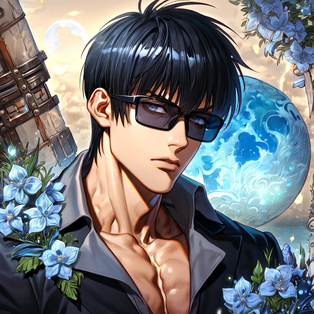 absurdres, highres, ultra detailed, HDR, master piece, Nicholas D. Wolfwood, black hair with bangs, expressive grey eyes, black sunglasses, black jacket, Trigun, sexy man, handsome, best quality, blue moon, flowers, fantasy, magical, solo, water, blue shining fireflies, grey shirt, blue petals, toned chest