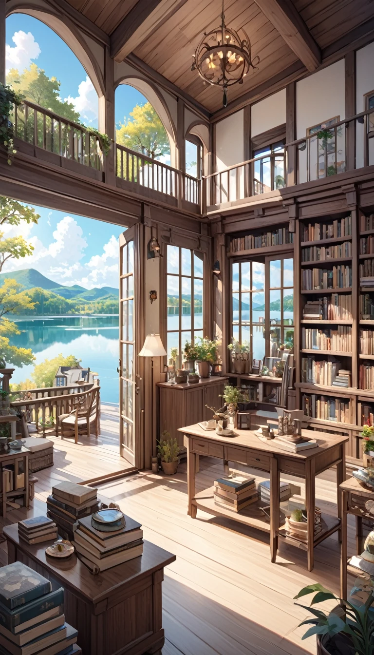 room with large bookcase, lots of detailed objects, large open terrace, beautiful views of a lake with many dreamlike houses