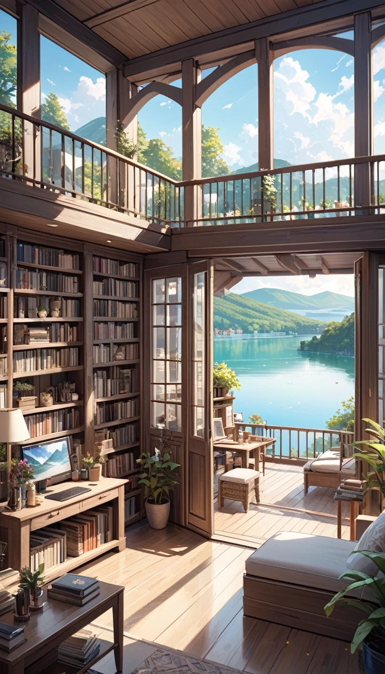 room with large bookcase, lots of detailed objects, large open terrace, beautiful views of a lake with many dreamlike houses