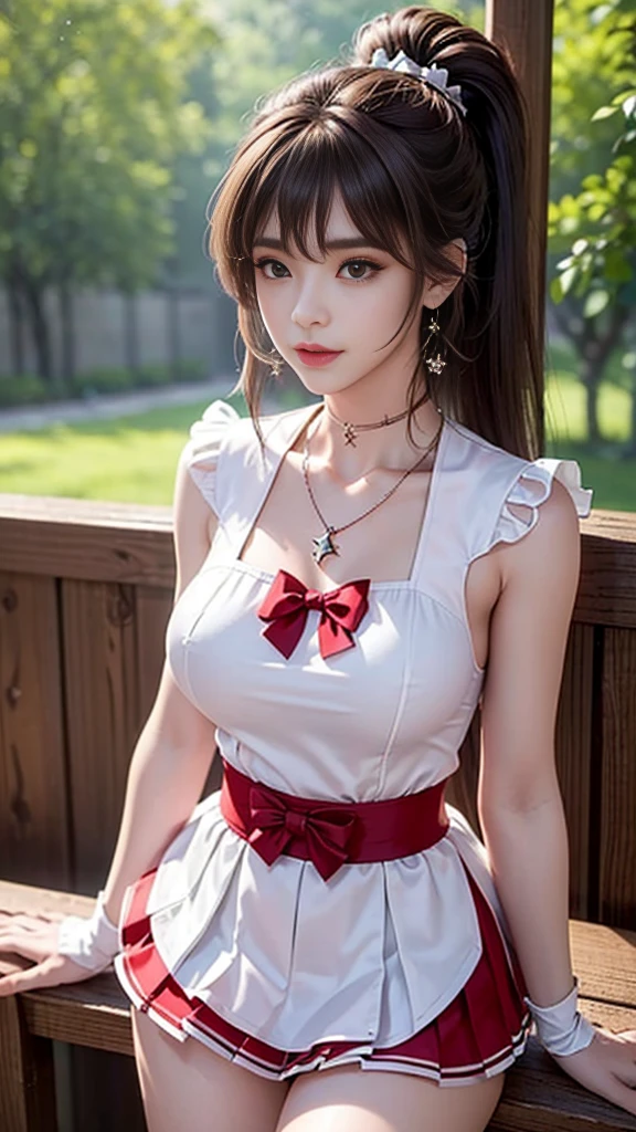 (, high resolution, Ultra Detailed, nffsw), On the table, best quality, SAMA1, Tira, Sailor warrior, White gloves, Red sailor collar, Red Skirt, Star necklace, Elbow groove, Pleated Skirt, Bare legs, Purple bow, Cowboy photoshoot, outdoor, Bokeh (85mm lens), Front camera, Gentle expression, wind blowing hair, fluffy hair, hair ((Brown)), Ponytail, Casual hairstyles, Blonde hair, Mole under left eye, Perfect body, Big breasts, Large Breasts, Top quality wearing hair ribbons, Earrings of top quality,