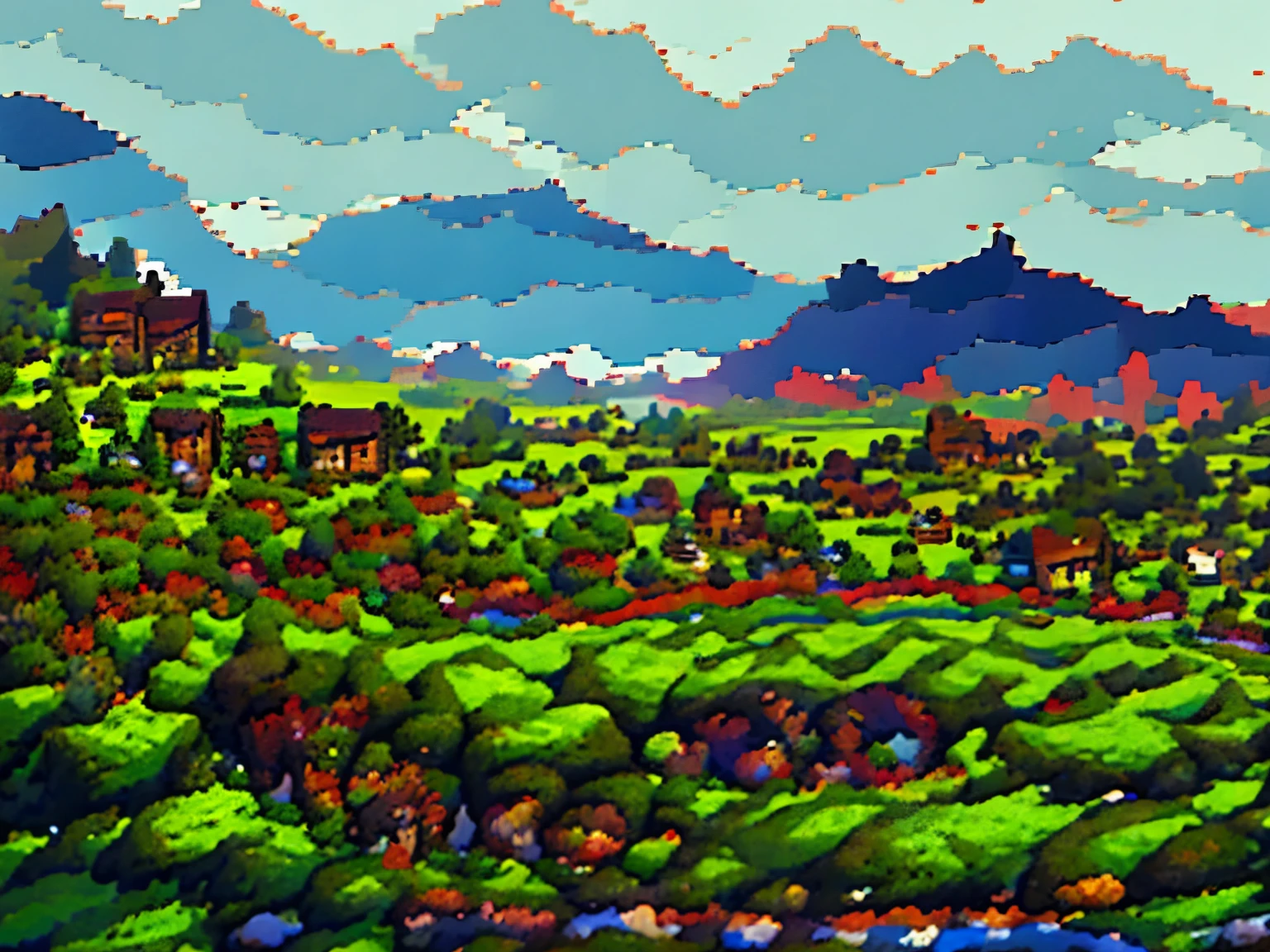 Create a pixel art scene of a quaint village with several mountains in the background. In the foreground, depict a person playing in a rice field. The village should have small houses with thatched roofs, and the mountains should be majestic with a few trees scattered around