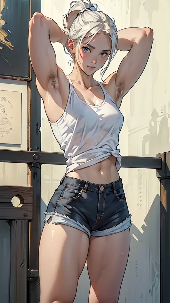 hand drawn art, Conceptual Art, Detailed sketch, Sketches, Manga art style, A young woman with French features, White tank top, White shorts, (((The crotch of his shorts is in tatters.))),、Long, thick, dark golden hair styled in a ponytail, blue eyes, Lean, strong, toned muscles, Standing in a lewd, sensual pose with arms behind her head、Short torso、A triumphant look、(((着古したボロボロのWhite shorts))),、(((White shortsを穴だらけにする))),、See-through、(((White shortsのチャックを開く))),、(((Clear white skin))),、Natural light、Photorealistic perfect body, Perfect body with realistic shadows, Perfect face with realistic shadows、Highest quality、masterpiece、Edgy Lines、Ultra-high resolution、Physical Beauty、Wide Hips、Big Ass、((Thick and strong muscular thighs))、((Stand with your legs spread wide))Realistic and large breasts、(The depth of the written boundary, f/1.2:1.45),Great quality, Beautiful details, Very detailed, Ultra-fine, 16K, Exquisite, Absurd,((masterpiece)),(((Highest quality))),Big Breasts、(((White shortsだけもっとボロボロにする))),、(((White shortsだけボロ布のように破く)))、(((Thin and long arms))),Anatomically correct、、Victorious smile、(((Breast Augmentation))),、(((Show your armpit hair))),、