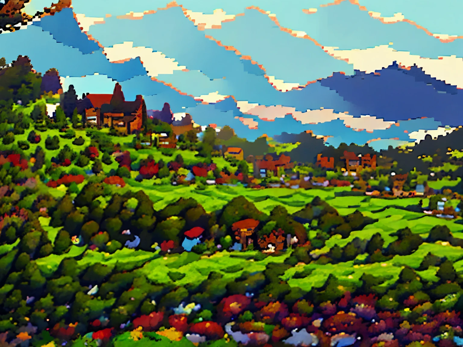 Create a pixel art scene of a quaint village with several mountains in the background. In the foreground, depict a person playing in a rice field. The village should have small houses with thatched roofs, and the mountains should be majestic with a few trees scattered around