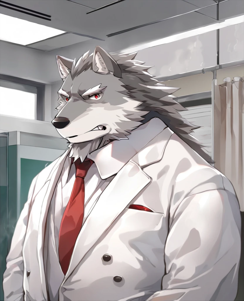 Wolf,personification,Mature male,Strong Man,Gray hair,naked,Disdainful expression,Red pupil,White eyebrows,Shark Teeth,White suit suit,Hands in pockets,The Age of Steam,Hospital Office。