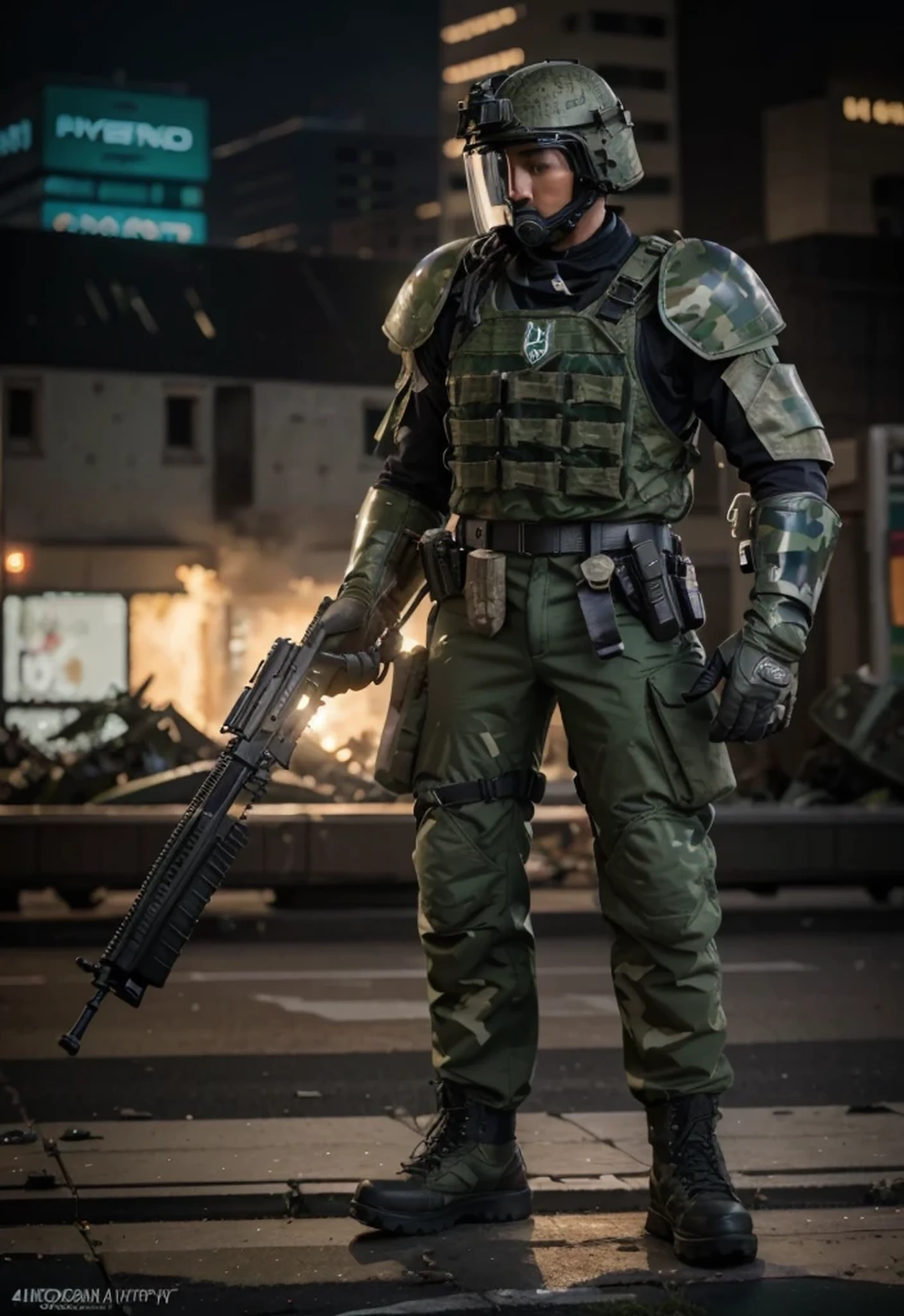 male soldier, riot helmet, blue and green camouflage military uniform, black bulletproof vest, modern light armor, black military boots, hands with thick gloves, holds a shotgun, belt with ammunition, is in modern city completely destroyed, night, fire, smoke, debris, hyperrealistic, 4k, Ultra detailed image, realistic, Highly detailed, perfect composition, gorgeous, Intricately detailed, incredibly detailed, Art photography 8K, hyper detailed, Masterpiece, Ultra detailed, hyper realistic, 4k, Ultra detailed image, realistic , Highly detailed, perfect composition, beautiful, intricately detailed, incredibly detailed, art photography 8k, hyper detailed, masterpiece