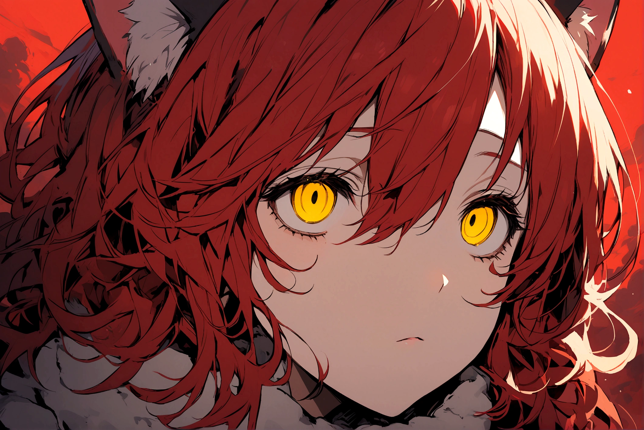 Red-haired girl, Yellow eyes, cat ears, cold and dead eyes looking up at the red sky