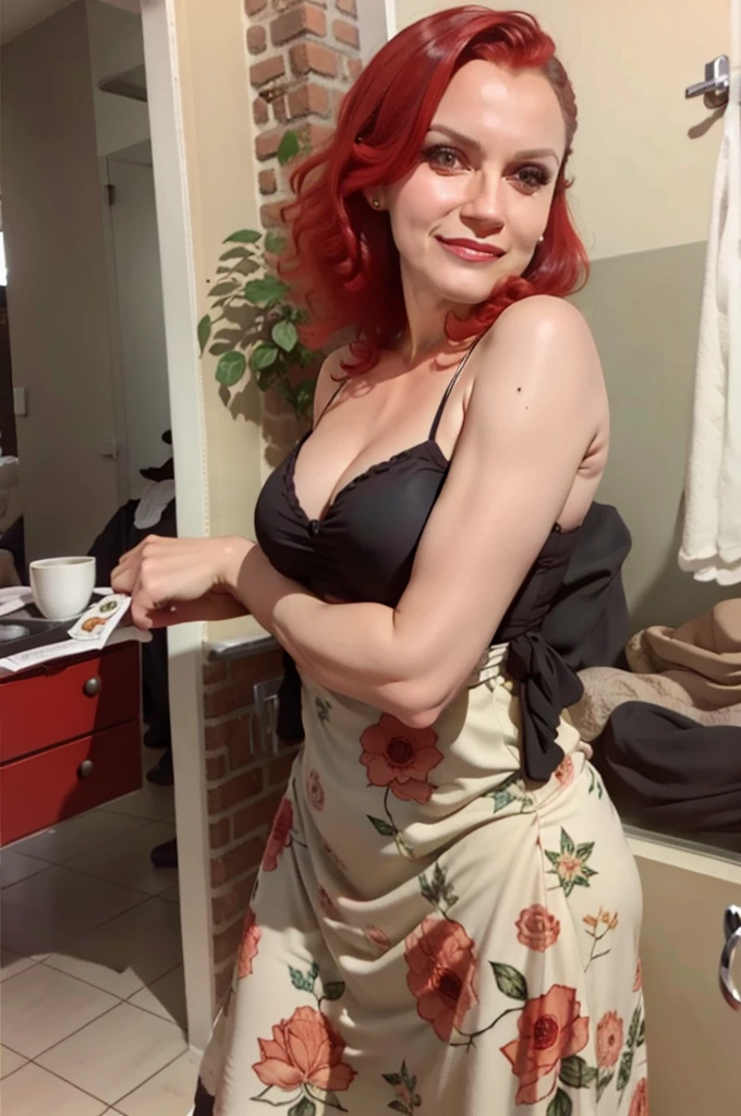 Superior quality, Masterpiece, green eyes, Looking up, Upper part of the body, They are smiling, Red hair, ela esta no seu quarto de dormir sentada na cama apenas de camisola transparente