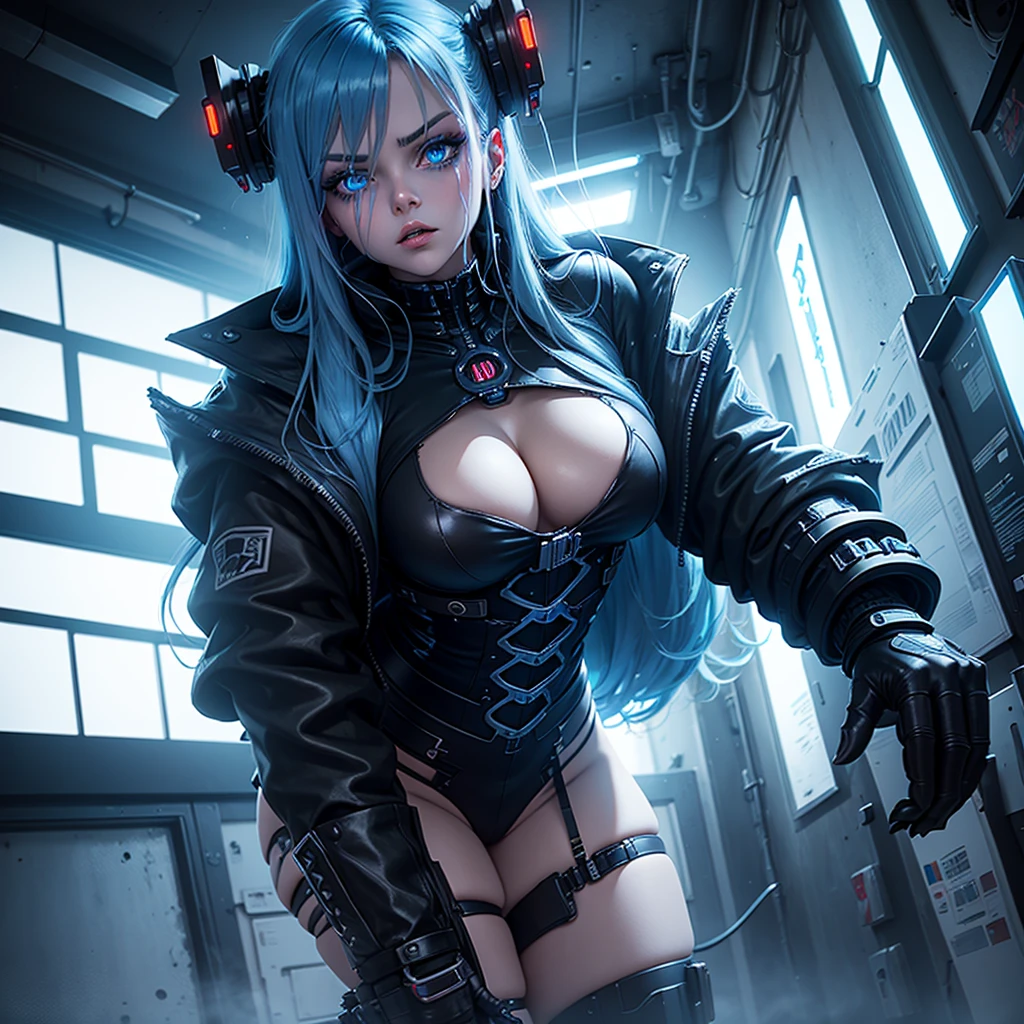 View from below, angle from below Girl Android mechanical prosthetics demonic gloomy with long blue hair woman with sexy hips half cyborg modification Beautiful sad girl blue eyes stands in full growth Anime Style black background Cyberpunk style, black background image of night black city and blue neon lights fluorescent lamps