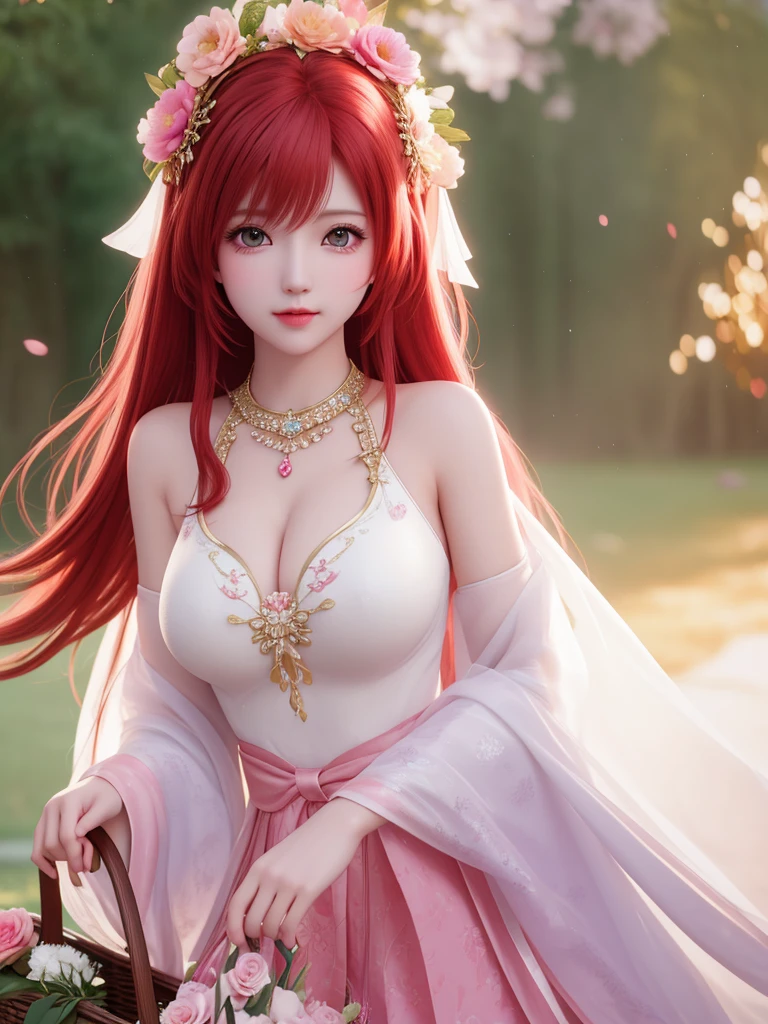 best quality, masterpiece, High target, There is a girl with a basket of flowers on her head, Big breast beauty，Very sexy，beautiful clothes, Hair Decorationss, necklace, Decorations, Pretty Face, When the body, Tyndall effect, Realistic Portraits, Edge lighting, Two-color light, (Very delicate skin:1.2), 8K uhd, Digital SLR Camera, Soft Light, high quality, Volumetric Lighting, Honest, photo, high resolution, 4K, 8K, Bokeh,Big red hair，Pink Eyes.