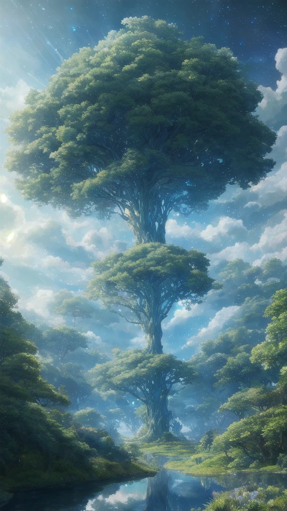 Illustration of a hyperrealistic , Otherworldly, Ultra Sky Scene，Features a giant crystal tree,Very detailed and magical lighting, Intricate forest details, Surrounding vegetation and rivers, Solar Punk ,landscape, Giant Tree, Beautiful leaves，Beautiful lighting and realistic proportions, Just like the background, 8K, best quality, masterpiece, Clouds and stars in the sky.