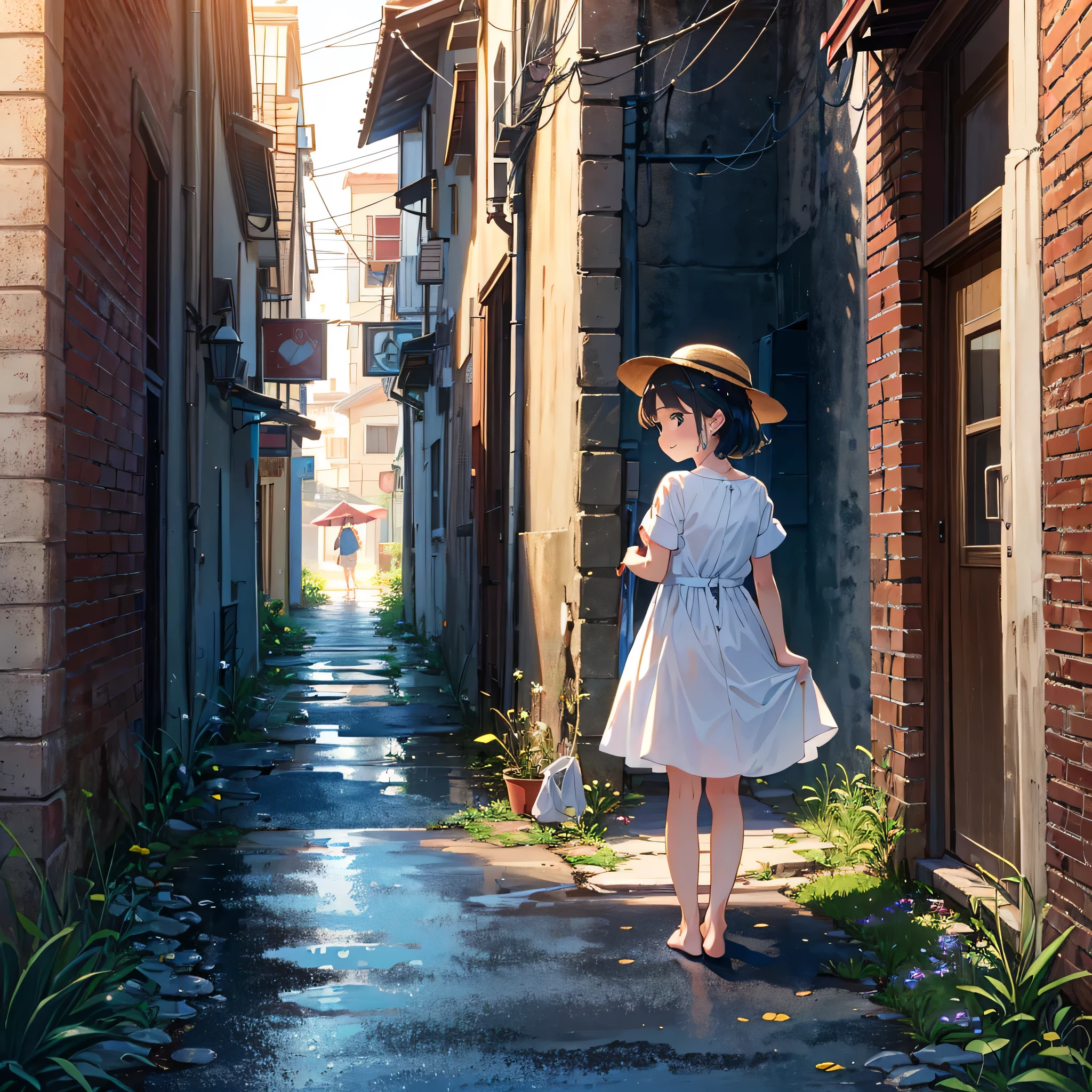 {{{Top quality}}}, {{Very detailed}}, {Illustration}, {{Very delicate and beautiful}}, ((Back alley in a deserted residential area)))), White dress , straw hat, sandals, pool set in plastic bag, girl (, barefoot), small breasts, round face, girl, (toddler: 1.25), (baby face: 1.2), short limbs, smile, small breasts, girl, A girl walking down an alley, a man talking to a girl, a bust-up, Up perspective)))