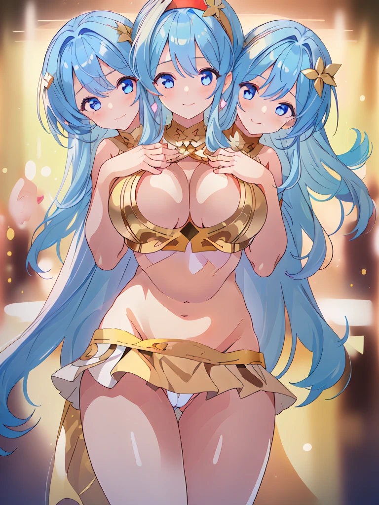 (masterpiece, best quality), best resolution, (3heads:1.5), 1girl, dark blue hair, flowing hair, smiling, soft smile, open belly, gold-red crop top, white miniskirt, open breasts, huge tits, sexy pose, beautiful eyes, headband, gold eyes, alluring presence, beautiful eyes, detailed eyes,
