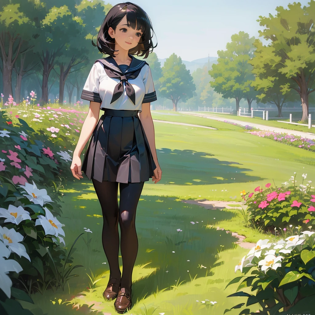(Highest quality, High resolution, Super detailed, Realistic:1.37), Peaceful atmosphere, (Outdoor, garden), Teenage girl standing alone,(my breasts are big.),Beautifully detailed features, Cute Smile, ((Black bob hair)),Short-sleeved sailor uniform, Pleated skirt,Black tights,Brown leather shoes.
