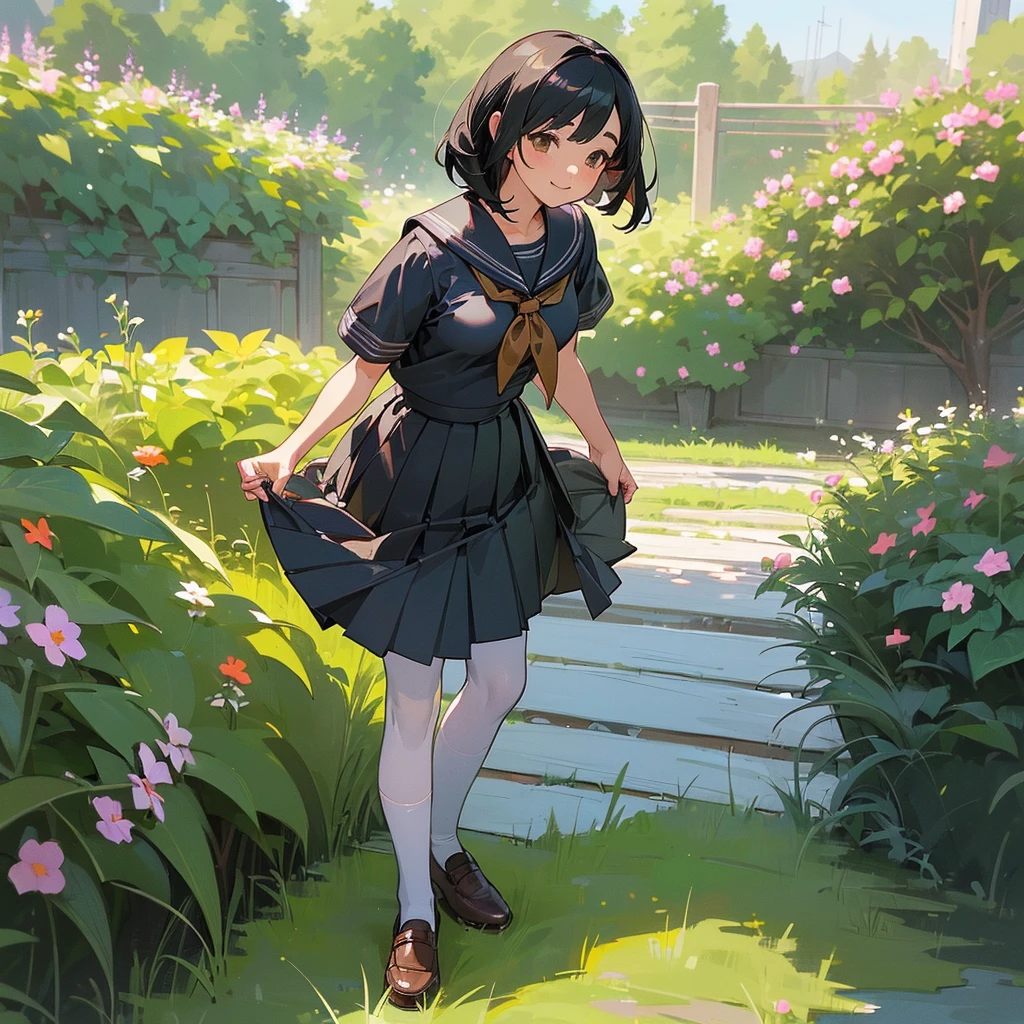 (Highest quality, High resolution, Super detailed, Realistic:1.37), Peaceful atmosphere, (Outdoor, garden), Teenage girl standing alone,(my breasts are big.),Beautifully detailed features, Cute Smile, ((Black bob hair)),Short-sleeved sailor uniform, Pleated skirt,Black tights,Brown leather shoes.