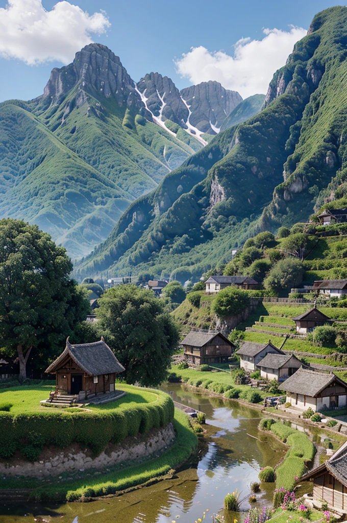 Create a pixel art scene of a quaint village with several mountains in the background. In the foreground, depict a person playing in a rice field. The village should have small houses with thatched roofs, and the mountains should be majestic with a few trees scattered around