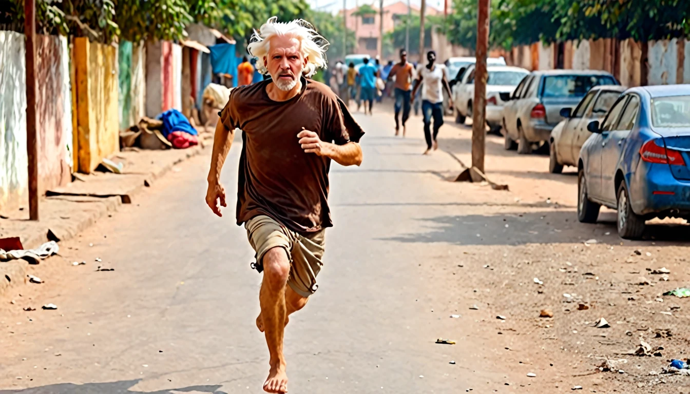 1 beggar white man running, the man has white hair, the man looks ahead, wears a brown t-shirt in rags, barefoot, HD, ultrarealistic