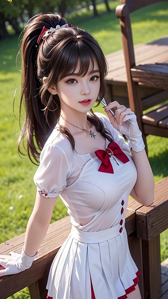 (, high resolution, Ultra Detailed, nffsw), On the table, best quality, SAMA1, Tira, Sailor warrior, White gloves, Red sailor collar, Red Skirt, Star necklace, Elbow groove, Pleated Skirt, Bare legs, Purple bow, Cowboy photoshoot, outdoor, Bokeh (85mm lens), Front camera, Gentle expression, wind blowing hair, fluffy hair, hair ((Brown)), Ponytail, Casual hairstyles, Blonde hair, Mole under left eye, Perfect body, Big breasts, Large Breasts, Top quality wearing hair ribbons, Earrings of top quality,