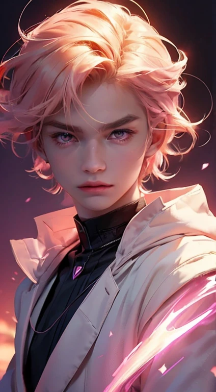 20 year old boy, pink eyes, belos pink eyes, short light blonde hair, pink lips, smooth skin, wears magic academy uniform, very majestic, better quality of work, pixel richness, best image, ultra details, masterpiece