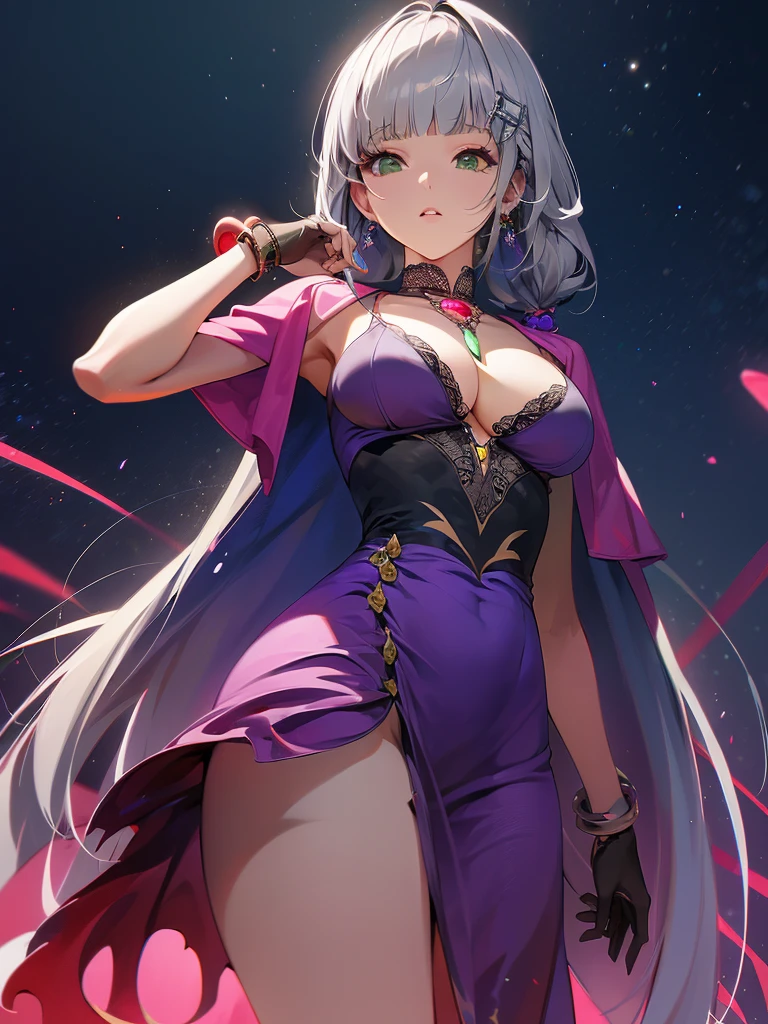 by Wlop,(Masterpiece),(Highest quality:1.4), (Highest Detailed:1.3), (8k very detailed CG unit wallpaper), anime girl in short shorts and jacket standing next to giant robot, artwork in the style of guweiz, cyberpunk anime girl mech, trending on cgstation, guweiz, by Russell Dongjun Lu, digital cyberpunk anime art, ross tran 8 k, guweiz on artstation pixiv, girl in mecha cyber armor (1 girl, Gray hair, extremely long hair, low twin braids, green eyes, , Determined) (Digital) (Details in the fitting room, (evening dress, plunging neckline)) , best quality, stlouis, corps entier, white hair random face, yeux bleus, Dark Purple Gossamer Cape, Dark purple Gossamer dress, lace underwear, collier, collier, earrings, , Gossamer Gloves Dark Purple, bas, bijoux, joaillerie, Head Ornament, ornement des mains, Ornement de jambes, bracelet, bracelet de cheville, talons hauts, huge breasts, gros seins, gros seins, Burst breasts, gros seins, seins pleins, breasts exposed, narrow waist,, gros cul, ventre nu, nombril nu, Cul nu, gros cul, ventre nu, ventre nu, sexy, sueur, peau brillante, perfect female body, (Rendered in ultra-high definition, (UHD) resolution 8K:1.4), perfect beautiful body