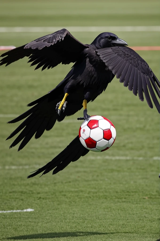 Crow flying with a soccer ball in its paws
