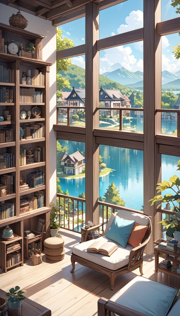 room with large bookcase, lots of detailed objects, large open terrace, beautiful views of a lake with many dreamlike houses
