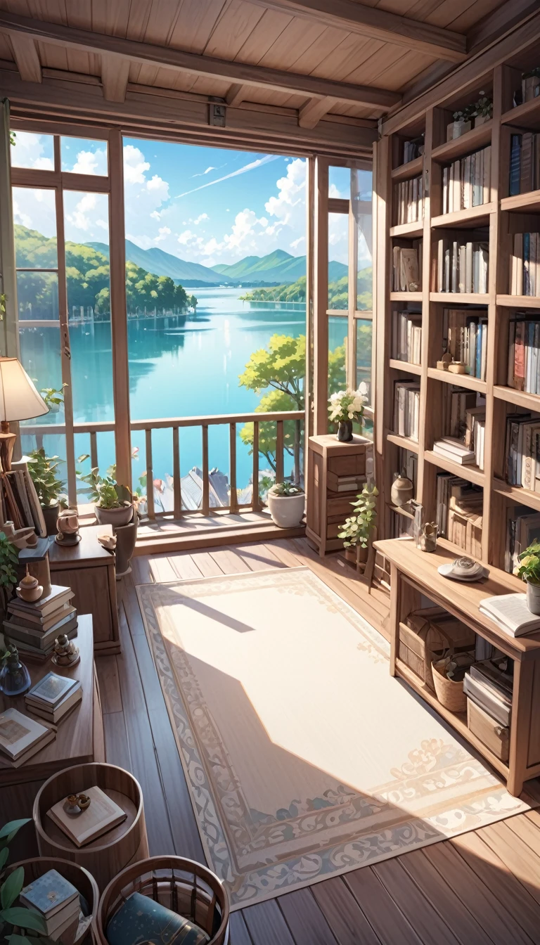 room with large bookcase, lots of detailed objects, large open terrace, beautiful views of a lake with many dreamlike houses